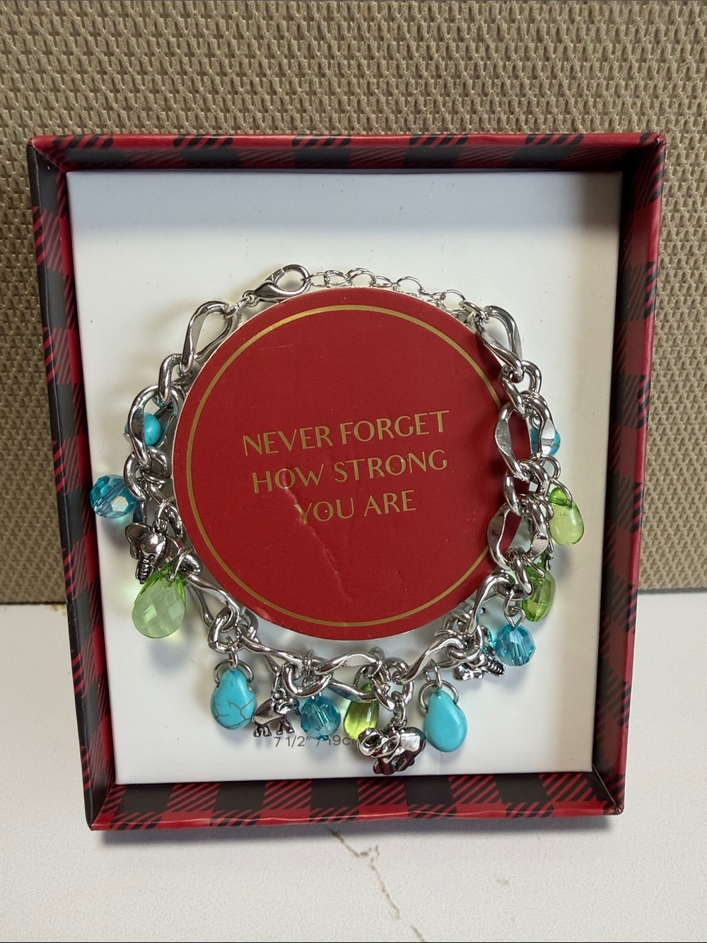 Silver Charm Bracelet with elephant charms, Turquoise Blue and Lime Green Beads